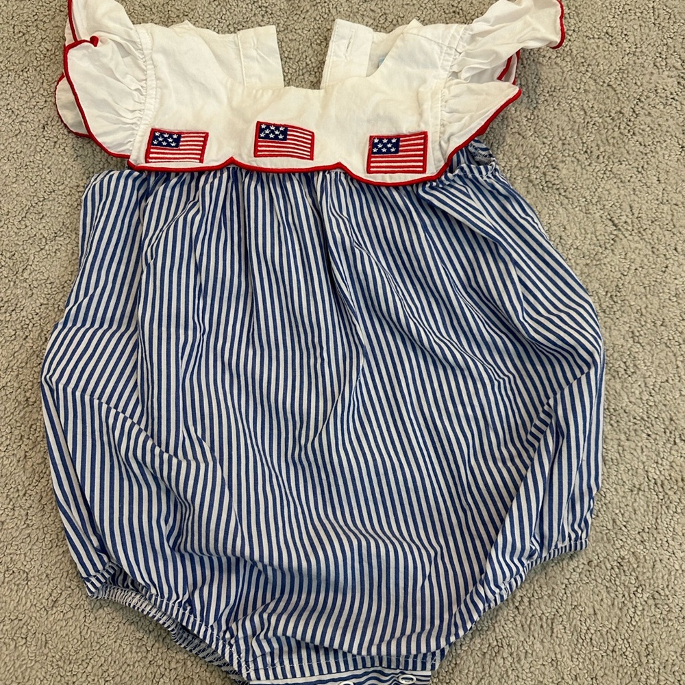Patriotic Blue Stripe Baby One-Piece Romper with Flag Trim